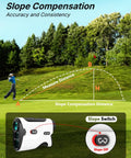 Golf Rangefinder With Slope 1200 Yard Distance illustration showing slope compensation feature on a golf course.