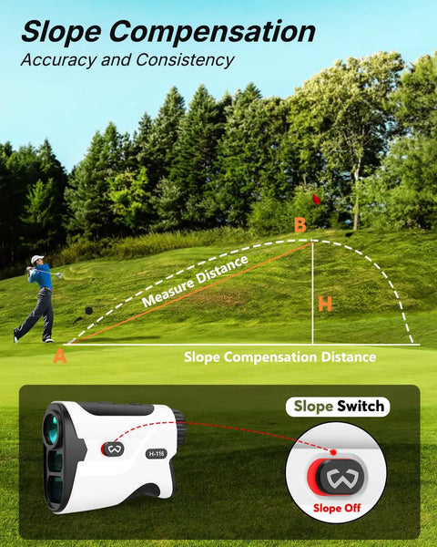 Golf Rangefinder With Slope 1200 Yard Distance illustration showing slope compensation feature on a golf course.
