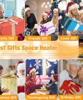 Collage of holiday gift ideas featuring space heater with infrared sensor and realistic fireplace flame effect
