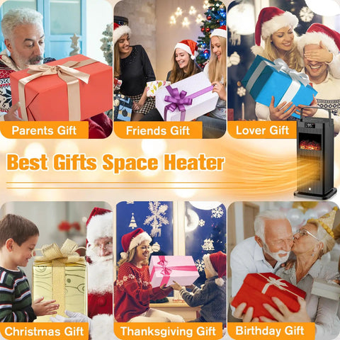 Collage of holiday gift ideas featuring space heater with infrared sensor and realistic fireplace flame effect