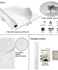 Marble Peel And Stick Countertop Contact Paper Waterproof Vinyl Backsplash roll and packaging details with dimensions and features.