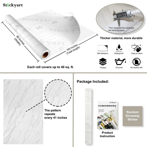 Marble Peel And Stick Countertop Contact Paper Waterproof Vinyl Backsplash roll and packaging details with dimensions and features.
