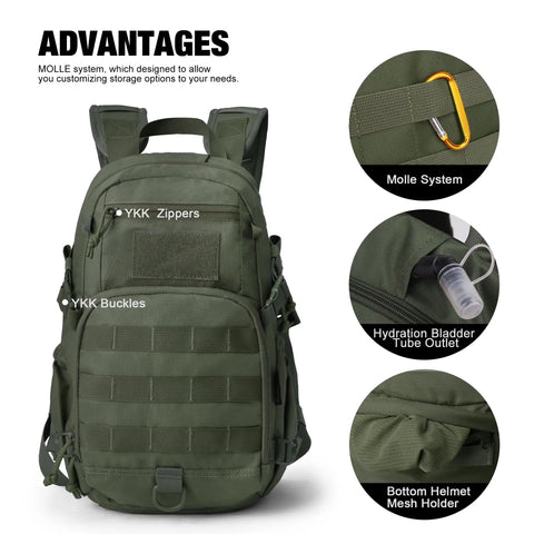 Ranger green Compact Tactical Backpack 15L With MOLLE For Hiking And Cycling Built To Last Everyday Carry Go To Daypack with YKK zippers