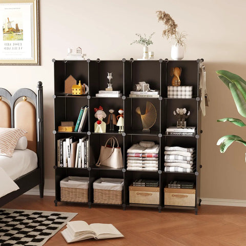 Boss 16 Cube Storage Organizer System for Closet and Bedroom DIY Stackable Shelving Units with decor in black.