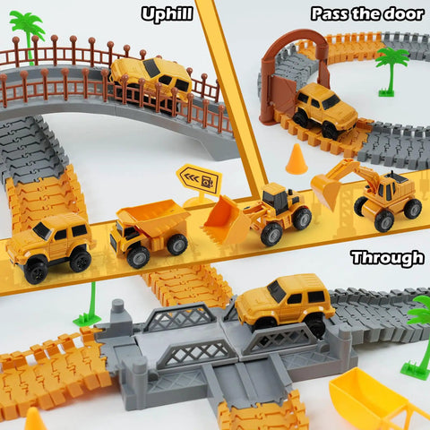 Construction Race Car Track Set For Kids With Flexible Bendable Tracks And 2 Electric Cars DIY Road Builder Playset Super Birthday Gift For 3 To 7 Year Old Boys 220 Plus Pieces Of Engineering Fun shown with 3 vehicles and bridge.