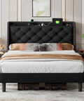 Queen Upholstered Bed Frame With 16 Inch Wingback Headboard And Built In Dual Charging Station Button Tufted Platform Base Solid Wood Slat Support No Box Spring Needed Zero Hassle Setup Black, featuring tufted headboard and charging station.