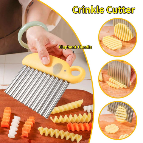 Crinkle Cutter & French Fry Cutter with yellow elephant-shaped handle and stainless steel wavy blades, front view