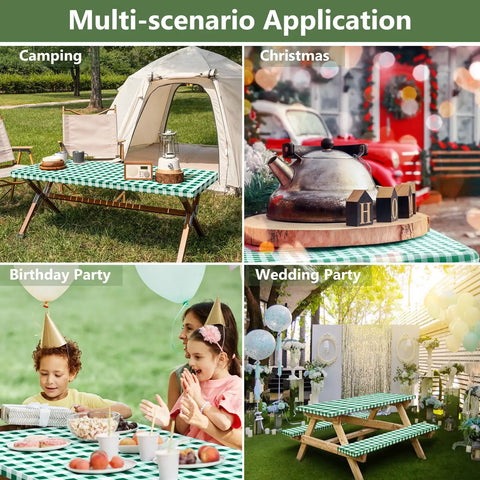 Multi-scenario application of picnic table cover with bench covers and carry bag set for outdoor tables waterproof heavy duty vinyl.