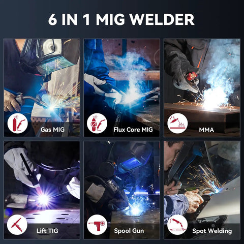 6 In 1 Aluminum MIG Welder With 200A Output And 110V 220V Dual Power showcasing various welding methods in action