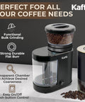 Level Up Your Coffee Game With This Heavy Duty Electric Flat Burr Grinder Crafted For Home Bars Featuring Fast Grind Adjustments And A Sleek Matte Black Housing, side view showing coffee beans and controls.