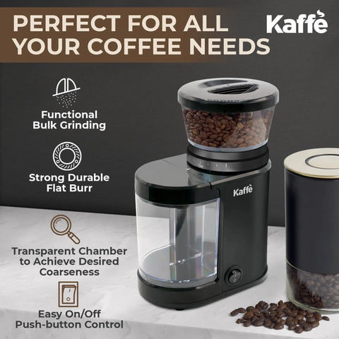 Level Up Your Coffee Game With This Heavy Duty Electric Flat Burr Grinder Crafted For Home Bars Featuring Fast Grind Adjustments And A Sleek Matte Black Housing, side view showing coffee beans and controls.