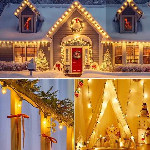 Lit Outdoor 50 Feet LED Globe String Lights With 25 Bulbs Energy Saving Waterproof Hanging Lights on snowy house and decorations