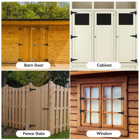 10 Inch Heavy Duty Gate Hinges For Wooden Fences Shed Doors And Outdoor Barns In Black Durable Iron T Strap Gate Hinges installed on various doors and windows