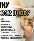 Adjustable Child Proof Door Lock And Cat Door Stopper With Quick Snap Strap Latch secured on a door, toddler interacting with door knob.