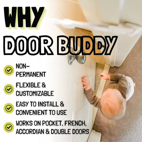 Adjustable Child Proof Door Lock And Cat Door Stopper With Quick Snap Strap Latch secured on a door, toddler interacting with door knob.