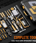 239 Piece Tool Kit For Home And Auto All Purpose DIY Set With Portable Tool Box Organizers And Storage Case displayed on table.