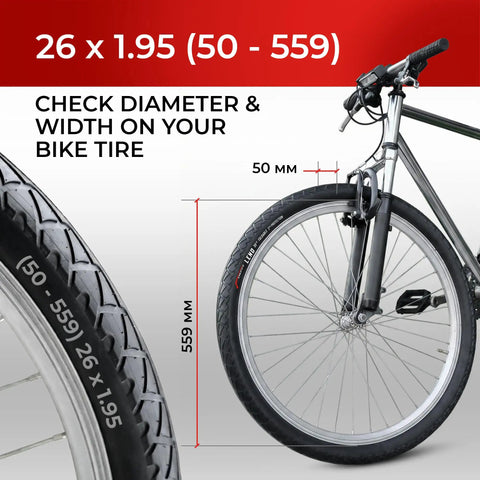 Pair Of 26x1.95 Bike Tires With 3mm Anti-Puncture Kevlar Layer And Inner Tubes, 50-559 Slick City Foldable MTB Tires For Electric, City, Road, Hybrid, Commuter Bikes, 30 TPI, shown on 26-inch wheel