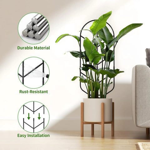 Heavy Duty 2 Pack 30 Inch Metal Plant Trellis For Climbing Plants, shown with a potted plant indoors in living room.