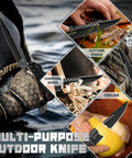 Beast Fixed Blade Knife With D2 Steel Blade And Toothed Spine For Outdoors showcased with multi-purpose cutting uses