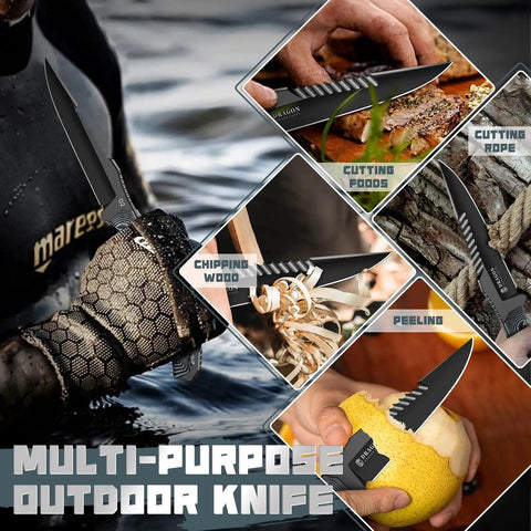 Beast Fixed Blade Knife With D2 Steel Blade And Toothed Spine For Outdoors showcased with multi-purpose cutting uses