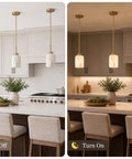 Kitchen scene with Karjearl Alabaster Pendant Lights Kitchen Island, Modern Gold Hanging Light illuminating space.