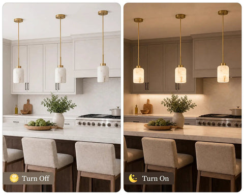 Kitchen scene with Karjearl Alabaster Pendant Lights Kitchen Island, Modern Gold Hanging Light illuminating space.