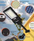 Detailed view of Two Pack 300W Solar Security Flood Lights with installation parts and features for outdoor use.