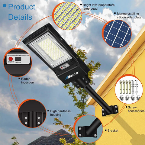 Detailed view of Two Pack 300W Solar Security Flood Lights with installation parts and features for outdoor use.