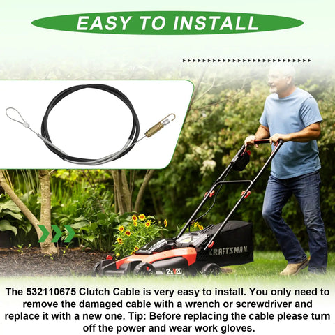 Clutch Cable For 17 Inch Rear Tine Tillers Replaces 532110675 with installation guide and man using a tiller in a garden.