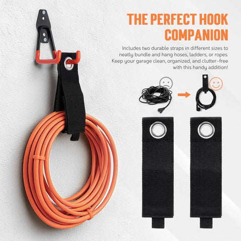 Kickass Heavy Duty Garage Storage Hooks 20 Piece Wall Organization Kit For Hanging Bikes Ladders Garden Tools Ropes Cord Organizers Absolute Zero Sweat Install, featuring orange cable and durable straps.