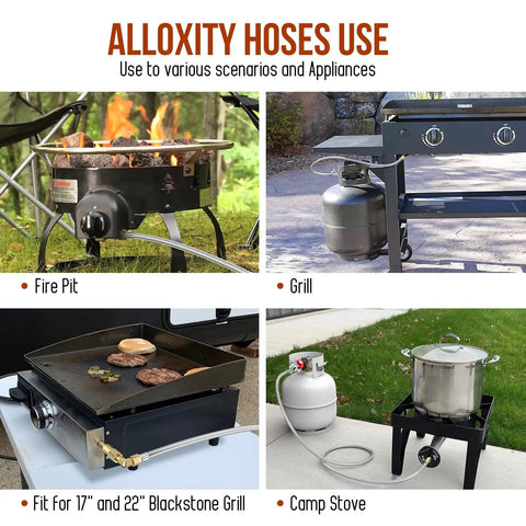 Adjustable 0 to 30 PSI Propane Regulator With Gauge And Stainless QCC1 Hose 5 Feet Length Three Eighths Flare To One Eighth MNPT Fittings Gas Flow Indicator Fits LP Grills Burners Turkey Fryers Smokers with various cooking appliances.