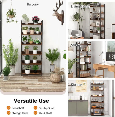 Five Tier Industrial Bookshelf With Four Hooks Built Tough Anti Tip Raised Edge Open Storage For Books Plants Decor