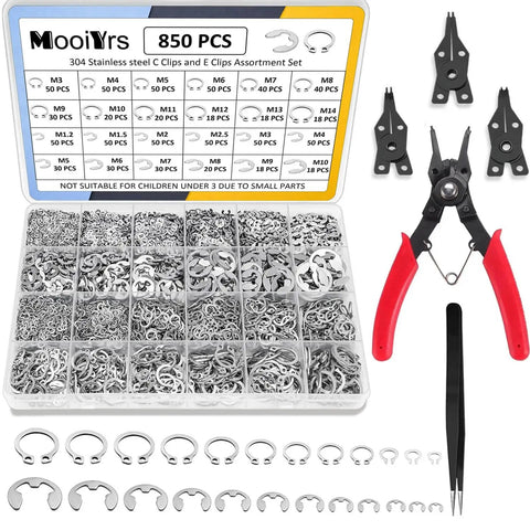 850 Pieces C Clip And E Clip Retaining Rings Set With Snap Ring Pliers And Tweezers In 24 Sizes Stainless Steel 304 For Auto Repair Machinery And DIY Projects