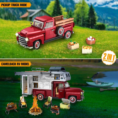 Two In One Camper Van And Farm Pickup Truck Building Set For Adults With 2188 Pieces showing RV and truck modes