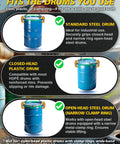 Heavy Duty 55 Gallon Drum Lifter With 1 Ton Capacity, Spring-Loaded Alloy Steel Jaws, G80 Chain Barrel Clamp, Crane Hook And Hoist Compatible, Moves Steel And Plastic Drums For Oil, Waste, Feed Handling, shown lifting steel and plastic drums