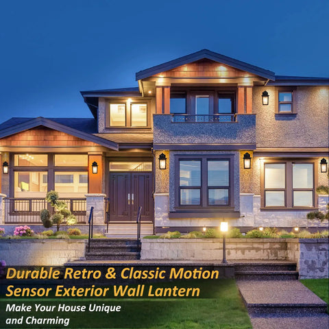 Smart Motion Sensor Outdoor Wall Light Dusk To Dawn LED Waterproof Exterior Fixture on house facade at night