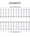 Schematic diagram of Two Row 2x12 Position Screw Terminal Block Distribution Module 30A 300V with A and B channels.