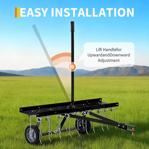 Heavy Duty 48 Inch Tow Behind Dethatcher With 24 Spring Steel Tines And Lift Handle For ATV Or Mower shown in field