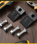 Four Pack 3 Point Auger Cutting Edges With Screws Square Hole Teeth Replacement For Heavy Duty Post Hole Digger Durable Carbon Steel Easy Install Includes Hardware Long Lasting Wear shown with screws on wooden surface