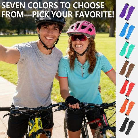 Smiling cyclists holding bikes, displaying Ergonomic Bike Grips with Lock On Aluminum Mount in various colors.