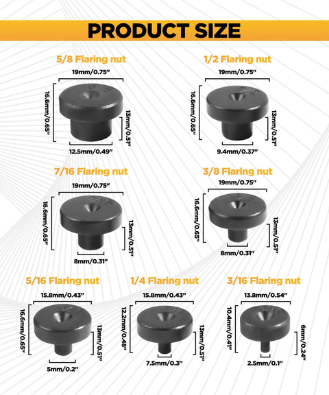 VARGTR 7-piece double flare tool adapters kit; black flaring-nut heads, size chart shows 5/16–5/8 in tubing fittings.