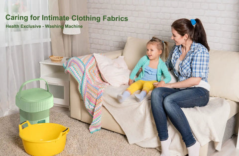 Mother and daughter beside Grab And Go Portable Folding Mini Washing Machine For Apartments And Dorms Tiny Washer