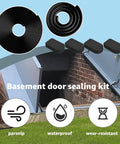 Basement door seal kit for Bilco doors; black rubber gaskets (U-shaped and bulb trim) and four cap seals, front view