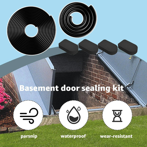 Basement door seal kit for Bilco doors; black rubber gaskets (U-shaped and bulb trim) and four cap seals, front view