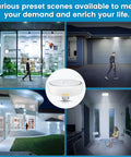 Collage showing Motion Sensor LED Ceiling Light 15W 150W Equivalent E26 Base Dusk To Dawn Auto On Off Night Light in action