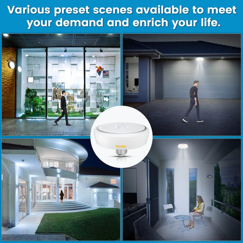 Collage showing Motion Sensor LED Ceiling Light 15W 150W Equivalent E26 Base Dusk To Dawn Auto On Off Night Light in action