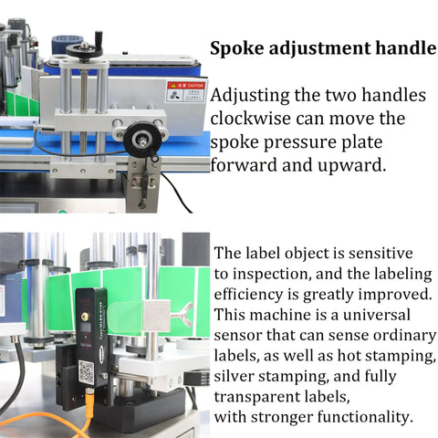 Spoke adjustment handle of Ready To Go Automatic Desktop Conveyor Round Bottle Labeler for smooth label application.