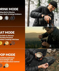 Hot Travel Coffee Maker With Built In French Press Design, Portable Electric Kettle for camping, user demonstrating drink, eat, and pop modes.