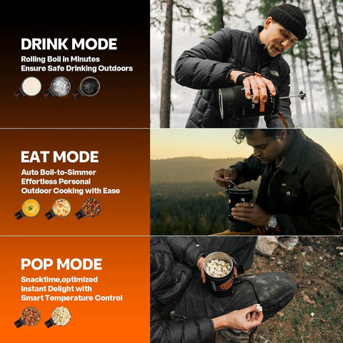 Hot Travel Coffee Maker With Built In French Press Design, Portable Electric Kettle for camping, user demonstrating drink, eat, and pop modes.