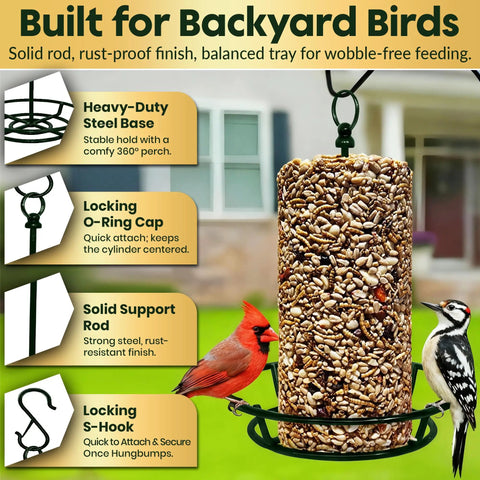 Rugged Cylinder Bird Feeder Holder For Outdoor Hanging Holds Bird Seed Cylinders Logs And Birdseed Cakes Up To Six Inch Diameter With O Ring And Locking S Hook Includes Mounting Accessories displayed with birds feeding.
